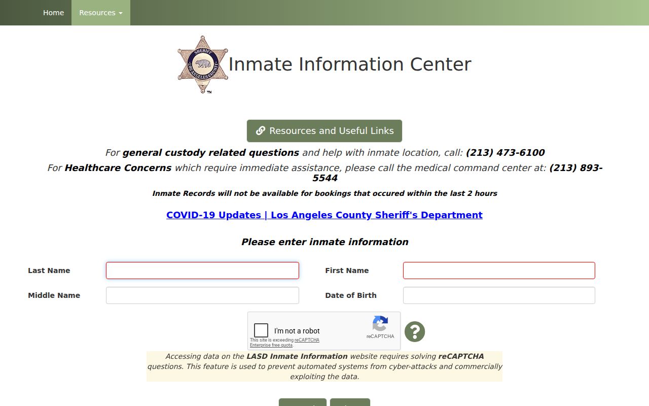 Huntington Park previous residents Los Angeles County custody records endpoint