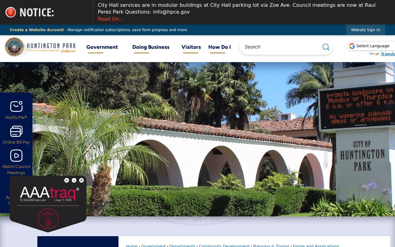 Huntington Park street directory planning and permit forms